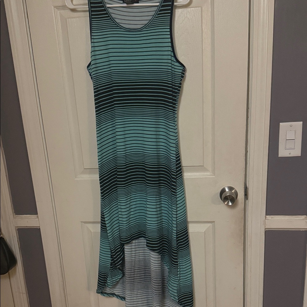 Love By Design Aqua and Black Striped High-Low Maxi Dress